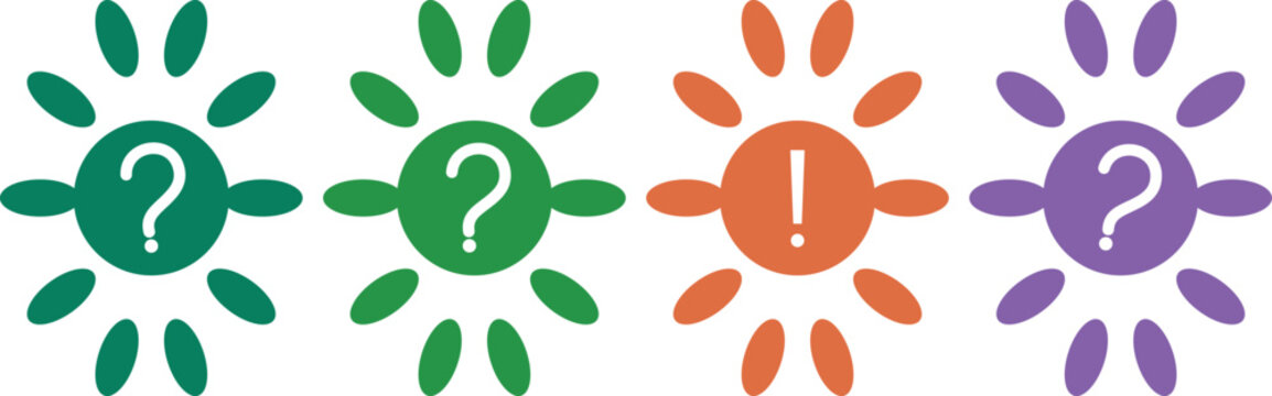Four stylized sunbursts with question marks and an exclamation mark in vibrant colors representing questions and answers