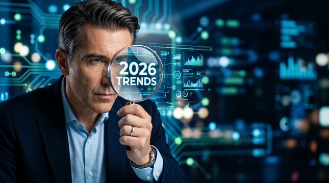 Man examining data through a magnifying glass, symbolizing foresight and analysis of future trends in technology and business