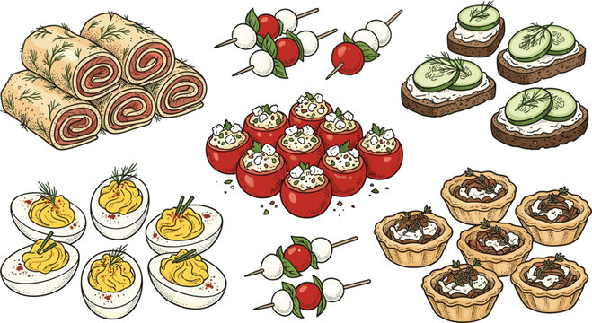 Hand Drawn Buffet Appetizers Collection Featuring Salmon Crepe Rolls Caprese Skewers Stuffed Tomatoes Deviled Eggs Cucumber Crostini and Savory Tartlets Vector Illustration