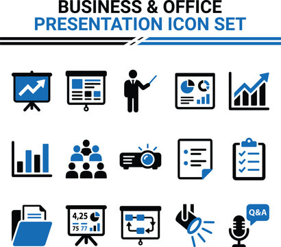 Business Icons Set Including Presentation Charts Teamwork And Communication Flat Vector Illustration