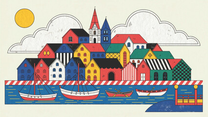 Fototapeta premium Charming Portuguese riverside village in abstract vector style background 