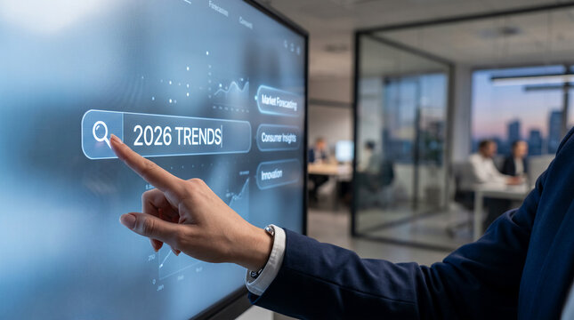 Hand touching screen showing "2026 TRENDS", representing future business and market forecasting, symbolizing foresight and strategic planning.