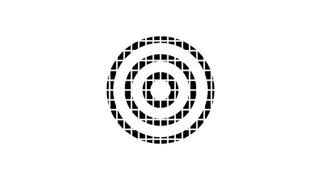 Black concentric circles with grid pattern on white background abstract