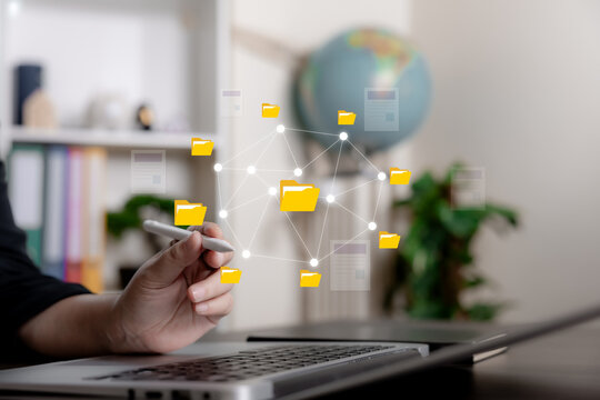 Distributed file management with connected folders and document nodes, representing secure information sharing, digital archives, cloud collaboration and enterprise content organization.
