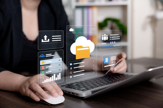 Cloud file management interface with secure upload, shared folders, team access, storage analytics and server controls, representing digital collaboration and enterprise content organization.
