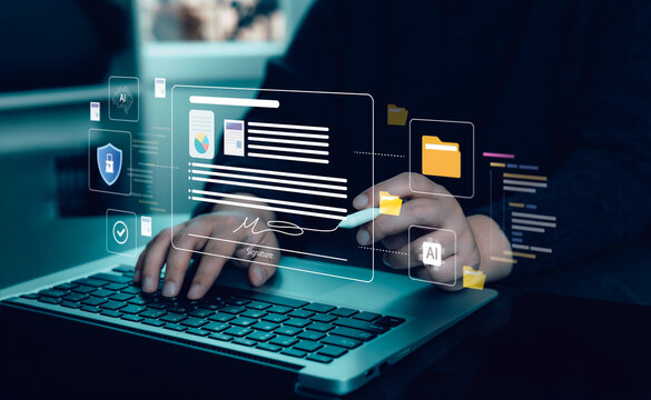 AI-powered contract automation with electronic signature, secure files, approval controls and digital verification, representing intelligent agreement management and paperless workflow.
