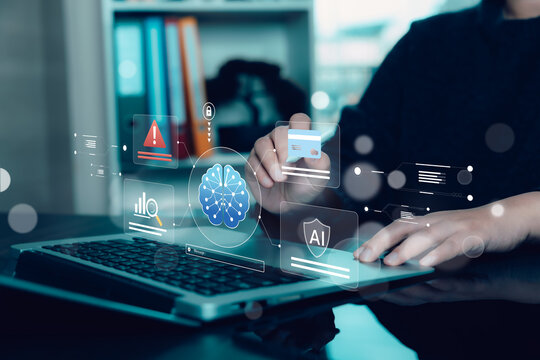 AI fraud detection interface with risk alerts, payment analysis, predictive monitoring and security controls, representing financial crime prevention and transaction protection.
