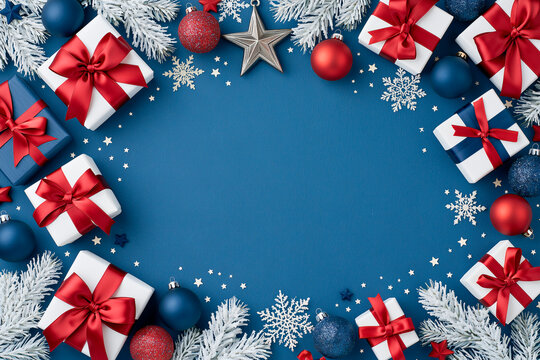 Luxury Christmas Flat Lay Border with White Gift Boxes and Red Ribbons on Royal Blue Background