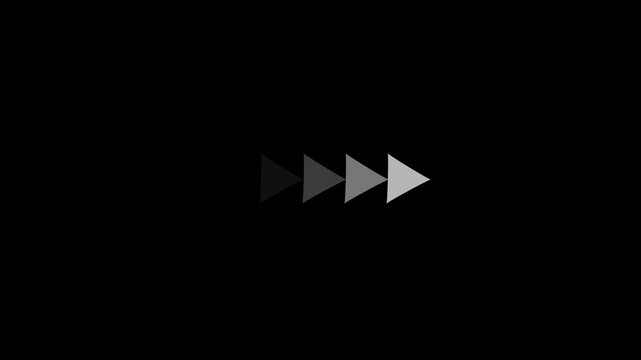 Four gray forward arrows in sequence on black background Keywords: forward arrows, gray, sequence, progression, movement, direction, black background, icon, symbol, graphic, design, minimalist