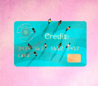 People standing on top of oversized credit card