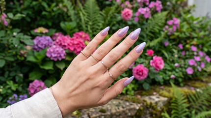 Fototapeta premium Lavender nails with glitter showcase a person's hand adorned with rings against a vibrant floral garden, symbolizing beauty and nature's elegance.