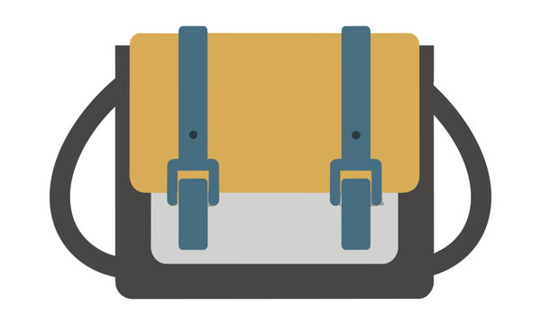 Minimalist icon of a messenger bag with buckle straps and front pocket in bold flat colors isolated on white background, modern fashion accessory design concept