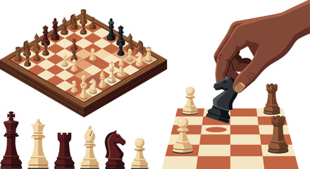 Chess Vector Set Featuring Isometric Board Design, Individual Game Pieces, and Hand Moving Knight Figure for Strategy, Logic, and Board Game Graphic Layouts © Mostrenu