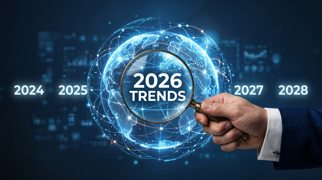 A hand holding a magnifying glass over a digital globe, highlighting the text "2026 TRENDS" and years 2024-2028, symbolizing global foresight and future planning, business concept.