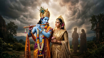 Fototapeta premium Mythological scene with blue-skinned deity playing flute, adorned with garlands, beside a woman in ornate sari, symbolizing divine love and spirituality, showcasing traditional Indian culture.