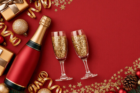 Luxury New Year Flat Lay with Champagne, Gold Gift Box and Festive Decorations on Deep Red Background