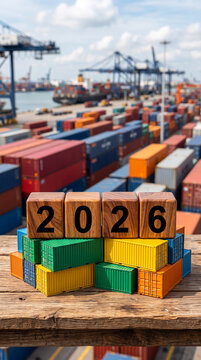 Wooden cubes with numbers forming "2026" sit atop colorful miniature shipping containers in a port, symbolizing future logistics and global trade