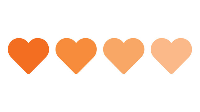 Orange heart icons in gradient sequence, set of four romantic heart shapes, minimalist flat vector hearts for social media and UI design
