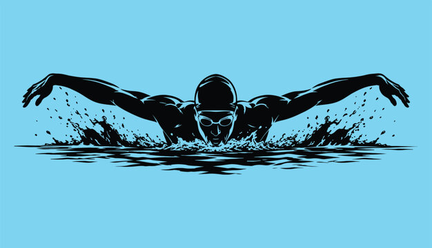 Black and white silhouette of a swimmer performing the butterfly stroke, wearing swimming goggles and a swim cap, in a dynamic horizontal position within the water. Vector IllustratiArt & Illustration