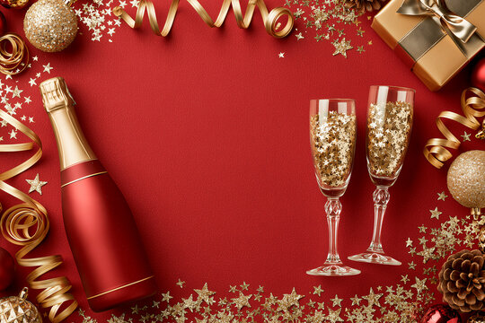 Luxury New Year Flat Lay with Champagne, Gold Gift Box and Festive Decorations on Deep Red Background