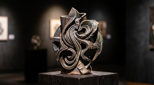 Abstract ceramic sculpture with flowing forms displayed on a wooden pedestal in a modern art gallery, with dim lighting and artworks in the background
