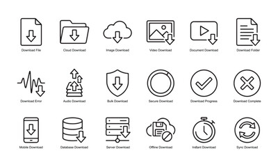 Fototapeta premium File and data download line icon set for web interface UI UX design with interface