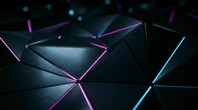 Dark geometric surfaces glow with neon lines