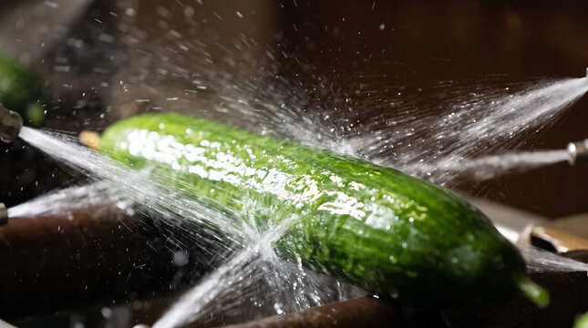 Fresh green cucumber being washed under high-pressure water jets in a food processing facility with droplets splashing around