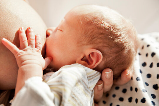 Close-up of baby being breast-fed by his mother