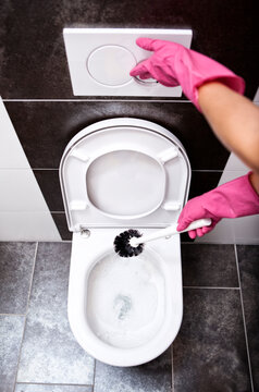 Woman cleaning toilet with toilet brush