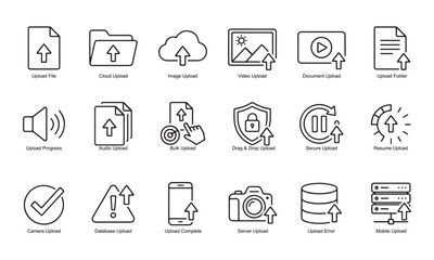 Fototapeta premium File upload and data transfer line icon set for minimal web UI UX interface