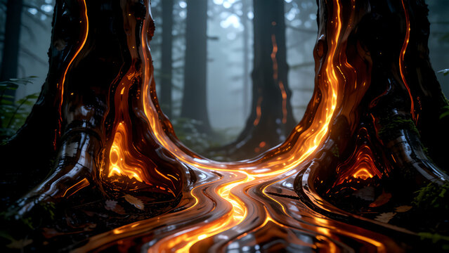 Mystical forest scene with glowing liquid gold flowing between large ancient dark tree trunks.
