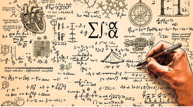 Hand-Drawn Engraving of Vintage Scientific Formulas and Calculations in Physics