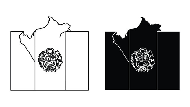 Peru map and flag vector set black and white line art outline and silhouette national coat of arms symbol icon illustration