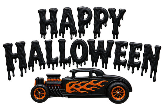  hot rod Halloween greeting, black car with orange flames, spooky drip lettering design isolated PNG with Transparent Background
