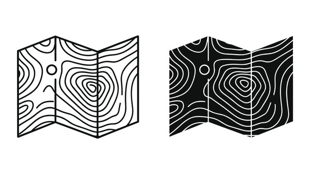 Topographic map icon set, vector illustration outline and solid style map of terrain with contour lines for navigation, hiking, and outdoor activities