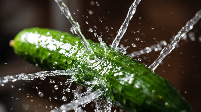 Fresh green cucumber being splashed with water droplets against a blurred background, showcasing the freshness and texture of the vegetable in a close-up shot