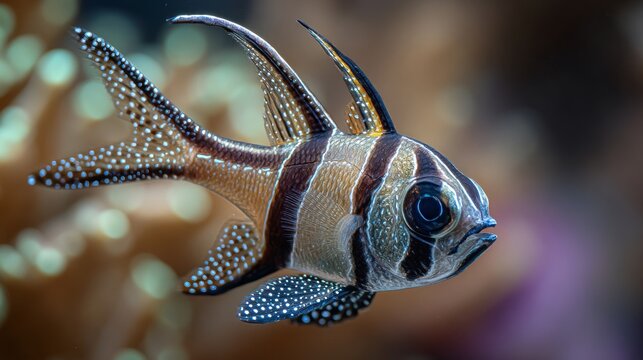 Vibrant banggai cardinalfish swimming among tropical coral reef in crystal clear ocean water, exotic marine fish in natural underwater habitat, colorful saltwater aquarium species and healthy marine e