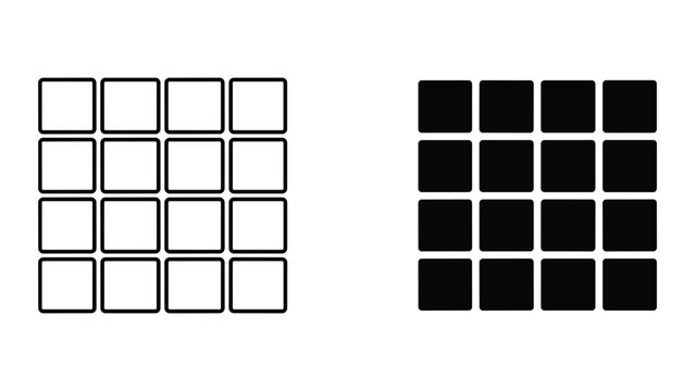 Set of two 4x4 square grid icons, one with outlined squares and one with solid black filled squares, representing a matrix or table layout