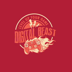 Digital Beast Game pad joystick with flame vector illustration graphic tee.eps © Saranya