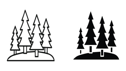 Obraz premium Set of pine tree icons, coniferous forest symbol, evergreen trees on a small hill, simple black and white line art and silhouette vector illustration