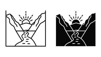 Minimalist landscape icon set featuring a sunrise over mountains and a winding river, vector illustration style for nature, travel, and outdoor themes © Shahriyar Rasel