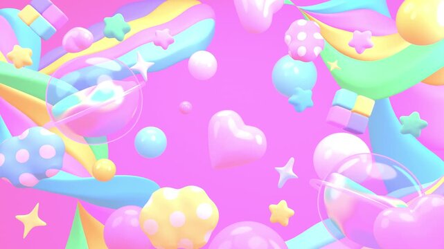 Abstract colorful outer space with bubble planets, polka dot clouds, stars, balls, cubes, and waves animation. (loop)