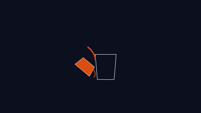 Minimalist tea bag dipping animation: orange tea bag entering glass cup on dark 4k background
