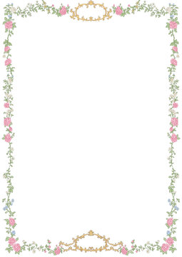 Vintage Floral Border Frame with Pink Roses and Ornate Gold Rococo Ornaments