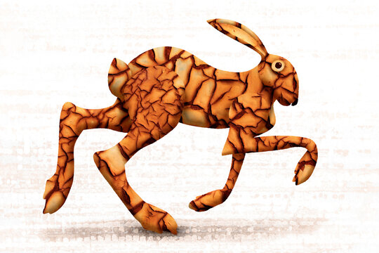 A digital collage illustration shows a rusty weathered hare running