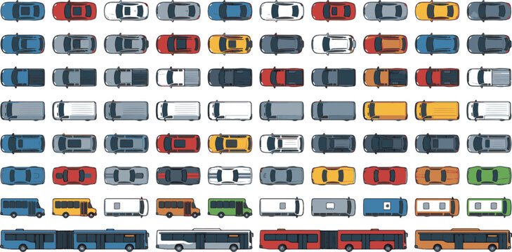 Top view cars and buses set vector collection design