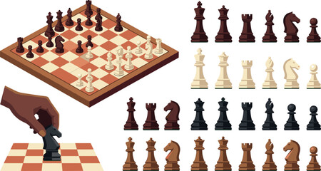 Complete Chess Vector Set with Isometric Board Game Design Full Collection of Pieces and Hand Moving Knight for Strategy and Intellectual Concept Layouts © Fahim