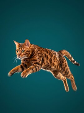 Bengal cat jumping in mid-air, athletic spotted leopard cat leaping against teal background, active domestic feline in motion, energetic pet action photography