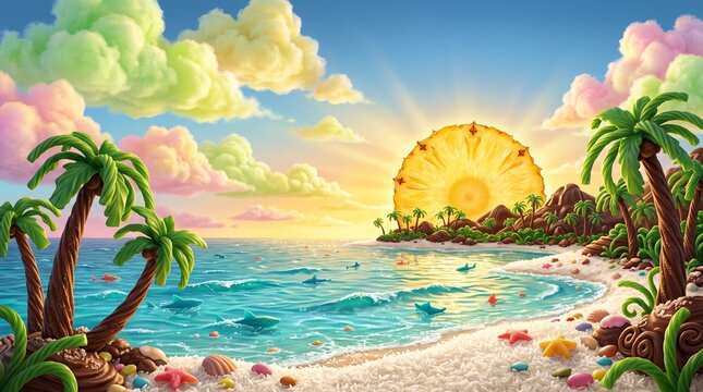 Whimsical claymation tropical beach landscape, miniature plasticine island with pineapple sun, colorful 3D handcrafted summer vacation scene